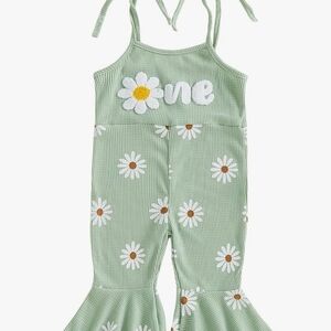 Green Daisy Print Bell Bottom Jumpsuit